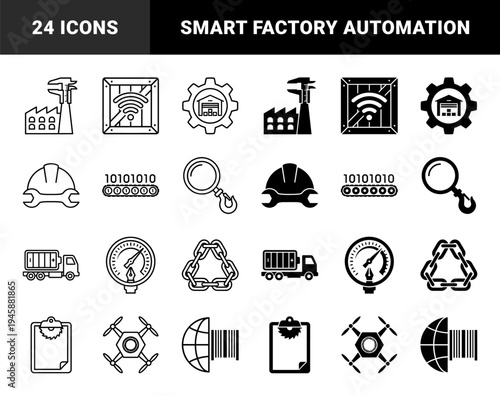 Industrial smart manufacturing and logistics hybrid icon set featuring factory calipers data conveyor belts and global barcode tracking symbols