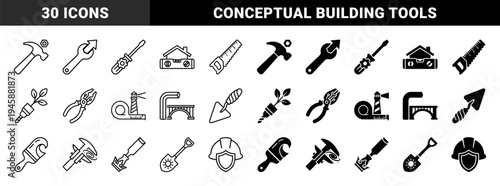 Hybrid Construction and Industrial Tool Icons Featuring Creative Mergers of Hardware Symbols with Nature Science and Architecture Elements
