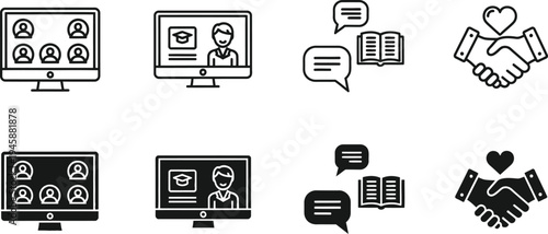 A collection of six black and white line art icons depicting social media communication and partnership