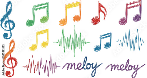 Colorful Hand Drawn Music Notes and Sound Wave Melody Elements Collection Musical Doodle Vector Illustration