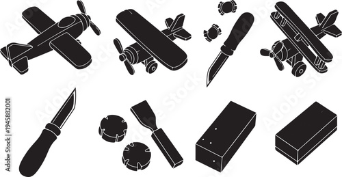 Black and white illustration of airplane and crafting tools