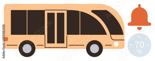 Public transport, urban mobility, transportation planning, efficiency, notification system, commuting. Illustration of a bus, bell icon and speedometer. Public transport and urban mobility concept