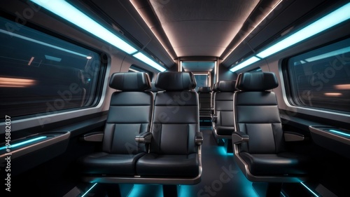 Modern luxury train interior with sleek black leather seats and ambient lighting
