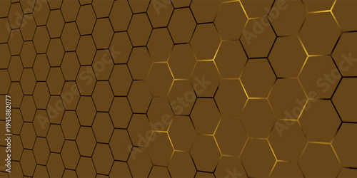 Golden hexagon structure blending technology and elegance. Luxurious honeycomb design. Abstract hexagonal with glowing nodes. Elegant honeycomb pattern featuring luminous points and highend themes