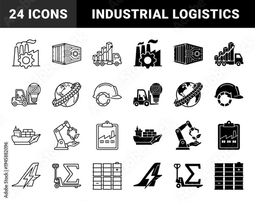 Industrial supply chain hybrid icon set featuring integrated logistics manufacturing robotics and green energy solutions in outline and solid styles