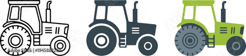 Illustration of three tractors progressing from black outline to dark gray and green full color, arranged horizontally on white background