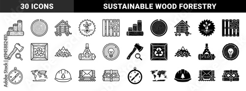 Sustainable forestry and timber industry hybrid icons featuring wood grain textures integrated with renewable energy logistics and global trade symbols