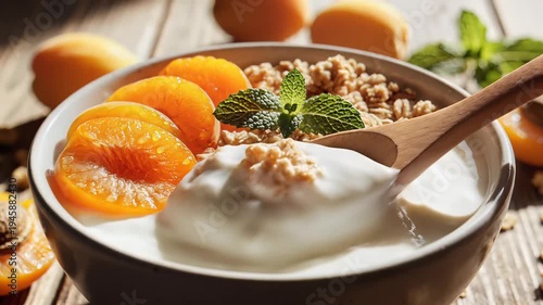 Close up of yogurt bowl with apricots and granola freshly served