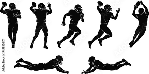 American Football Player Silhouette Set with Quarterback Throwing, Running, Catching and Diving Poses for Sports, Competition, Team Game and Athlete Illustration