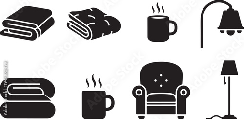 Cozy home interior elements in black and white icons