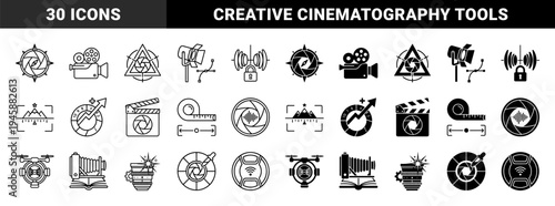 Hybrid cinematography and film production icons merging camera lens apertures with navigation compasses studio lights drones and editing tools