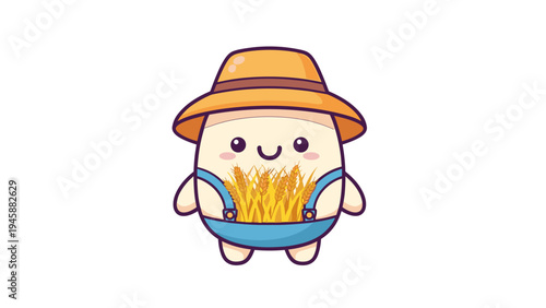A cute cartoon potato character wearing a straw hat and blue overalls holding a bundle of wheat Vector