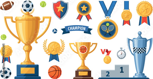 Sports Championship Trophy and Winner Medal Collection Vector Set with Football Basketball Tennis Badges Podium Champion Awards