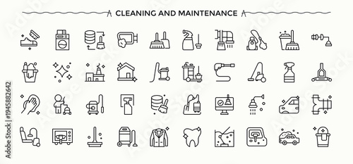 Cleaning And Maintenance modern icon set. Pack of disinfect, cleaner, cleaning, house, bin and more. Cleaning icon set. Minimal thin line web icons set. Editable vector art and illustration.