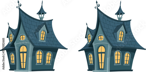 Digital illustration of two identical cartoon haunted houses with teal walls, gray shingled roofs, glowing windows, and whimsical design on white background