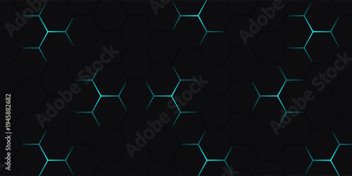 Dark hexagon abstract technology background with blue colored bright flashes under hexagon. Hexagonal gaming vector tech wide illustration.