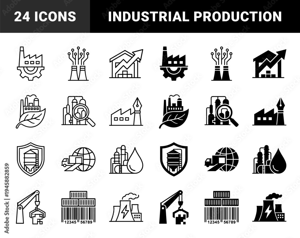 Obraz premium Industrial Manufacturing and Supply Chain Hybrid Icons Combining Factory Infrastructure with Green Energy Logistics and Chemical Processing Symbols