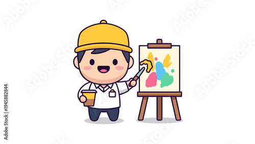 A cute cartoon artist wearing a yellow hard hat painting a colorful abstract piece on an easel Vector