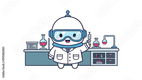 A cute cartoon robot scientist holding a test tube while standing at a laboratory workstation desk Vector