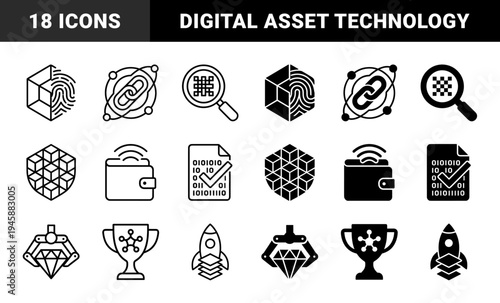 Blockchain technology and digital asset security icons featuring hybrid biometric fingerprint encryption data mining and cryptocurrency wallet symbols
