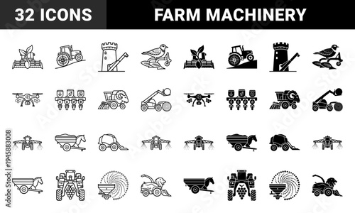 Abstract agricultural machinery icons merging heavy farm equipment with animal silhouettes like lion horse and ram in outline and solid styles