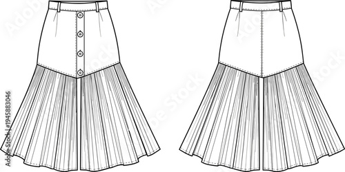 Technical Fashion Sketch of Pleated Midi Skirt, Front and Back View, CAD Drawing Flat Vector Illustration, Button Up Skirt Mockup.