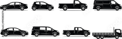 Car and truck silhouette collection including sedan hatchback pickup van and cargo truck vehicles isolated side view transportation vector icons for automotive transport design