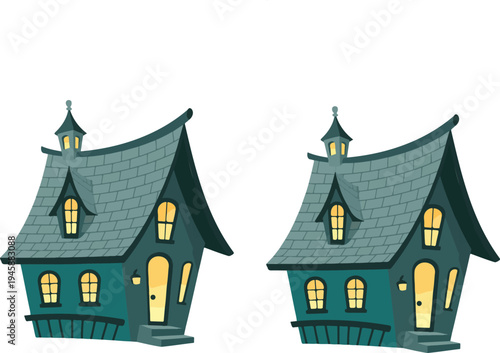 Digital illustration of two identical cartoon haunted houses with teal walls, gray shingled roofs, glowing windows, and whimsical design on white background