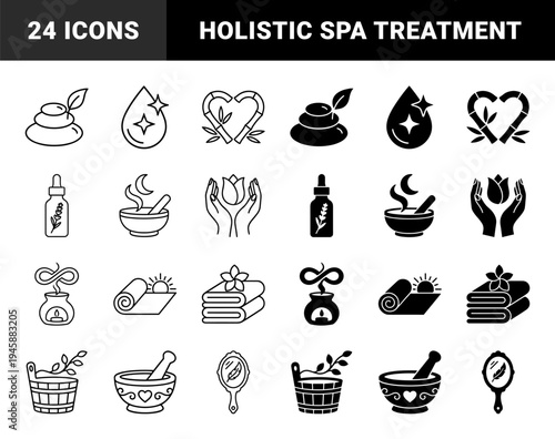 Minimalist holistic wellness and spa therapy symbols featuring organic hybrid elements like bamboo hearts lavender oil and zen basalt stones