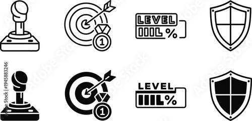 A collection of black and white gaming icons including joysticks targets shields and level progress bars