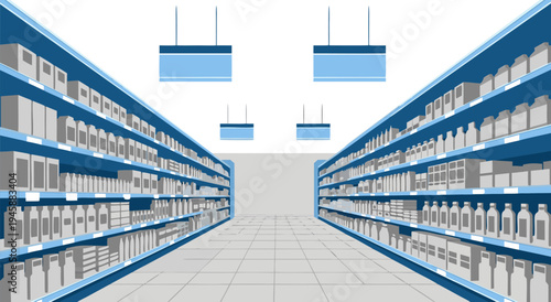 Aisle of Shelves in a Supermarket - Vector Illustration of a Retail Store Interior