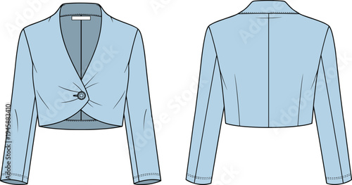 Technical Fashion Sketch of Cropped Bolero Jacket, Front and Back View, CAD Drawing Flat Vector Illustration, Light Blue Shrug Mockup.