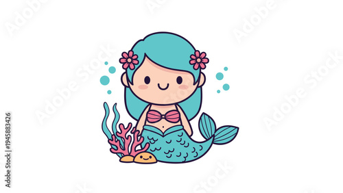 A cute cartoon illustration of a little mermaid with blue hair sitting by some pink coral reefs Vector