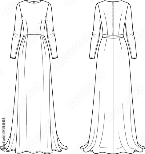 Technical Fashion Sketch of Long Sleeve Maxi Dress, Front and Back View, CAD Drawing Flat Vector Illustration, Evening Gown Mockup.