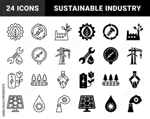 Sustainable industrial manufacturing and green energy production icons featuring hybrid symbols of gears with leaves and factory chimneys with trees