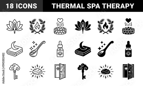 Wellness and Sauna Hybrid Symbols Featuring Thermal Lotus Pine Wreath Fire Heart Stone and Celestial Doorway Elements in Solid and Outline Styles