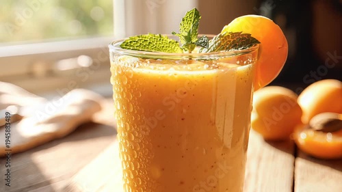 Fresh apricot smoothie with mint garnish in bright sunlight