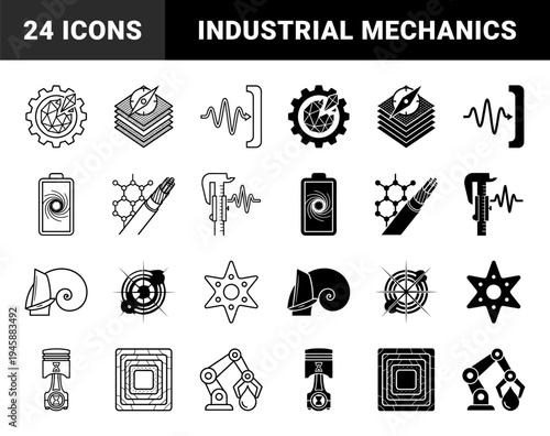 Industrial Engineering and Mechanical Physics Hybrid Symbols Featuring Piston Hourglass Gear Crystals and Molecular Fiber Optic Cable Designs