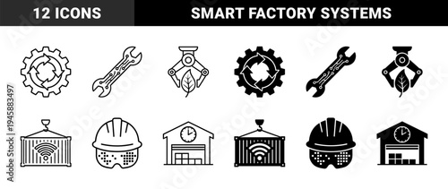 Industrial Smart Technology Hybrid Icons Featuring Circuit Wrench Eco Robot Arm Container Wifi Cog Globe and Augmented Reality Safety Helmet