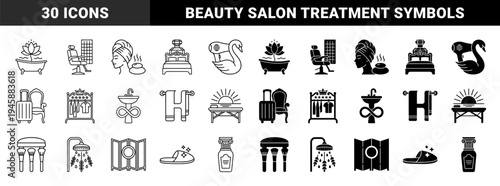 Luxury Spa and Wellness Hybrid Symbols Combining Beauty Care Elements with Organic Motifs and Furniture for Boutique Hotel Amenities