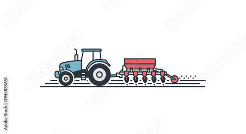 Blue Tractor Pulling Red Seeder.