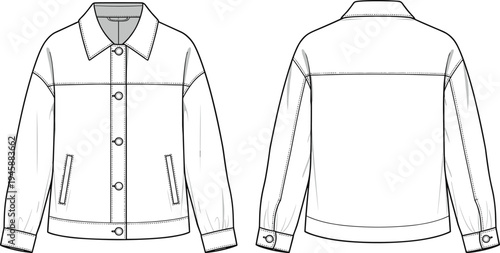 Technical Fashion Sketch of Button Up Shirt Jacket, Front and Back View, CAD Drawing Flat Vector Illustration, Oversized Shacket Mockup.