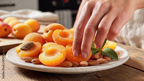 Fresh apricots and almonds on a plate healthy food concept