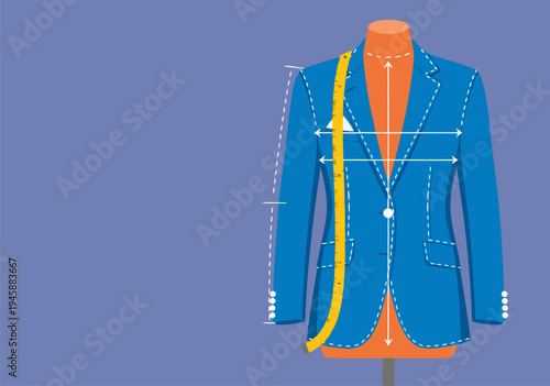 Blue suit jacket measurement vector illustration with tape measure on tailor dummy, design and tailoring concept
