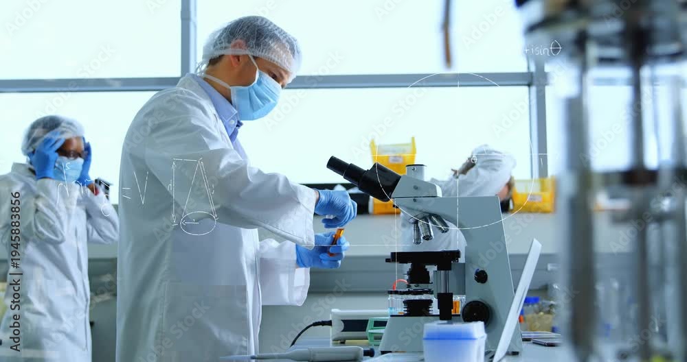 Microscope Bench Installation Researcher opening vial and placing slide into microscope for analysis ...