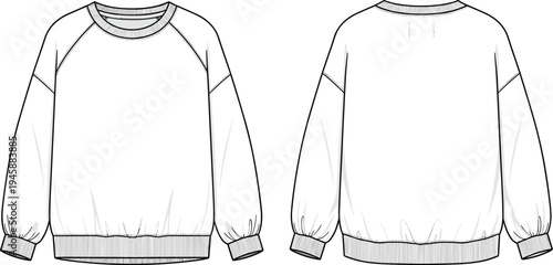 Technical Fashion Sketch of Raglan Sweatshirt, Front and Back View, CAD Drawing Flat Vector Illustration, Crew Neck Pullover Mockup, Streetwear Design.