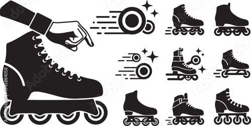 Collection of roller skates and skateboarding icons in black