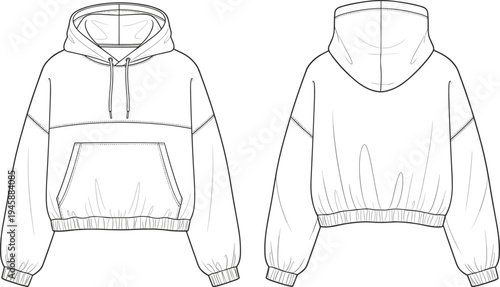 Technical Fashion Sketch of Cropped Hoodie, Front and Back View, CAD Drawing Flat Vector Illustration, Hooded Sweatshirt Mockup, Streetwear Apparel Design.
