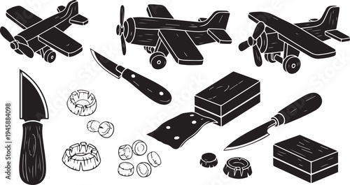 Black and white illustration of kitchen tools and airplanes