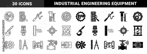 Mechanical Engineering Hybrid Symbols Featuring Calipers Merged with Gears Piston Pressure Gauges and Industrial Measurement Tooling Icons